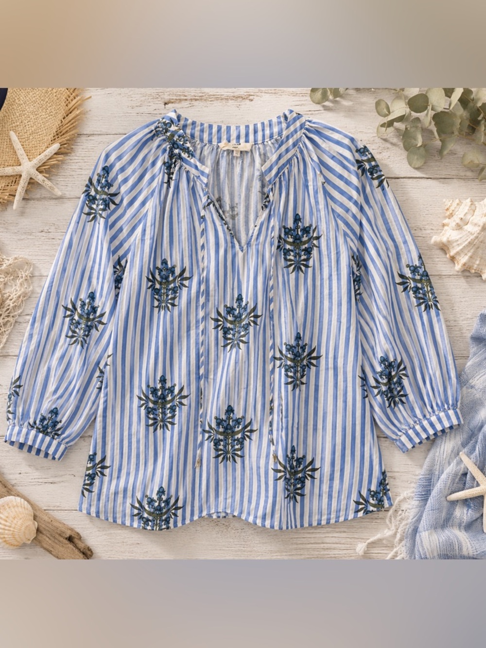 Entro Blue White Striped Boho Blouse Printed Peasant Top 3/4 Sleeve Size Large